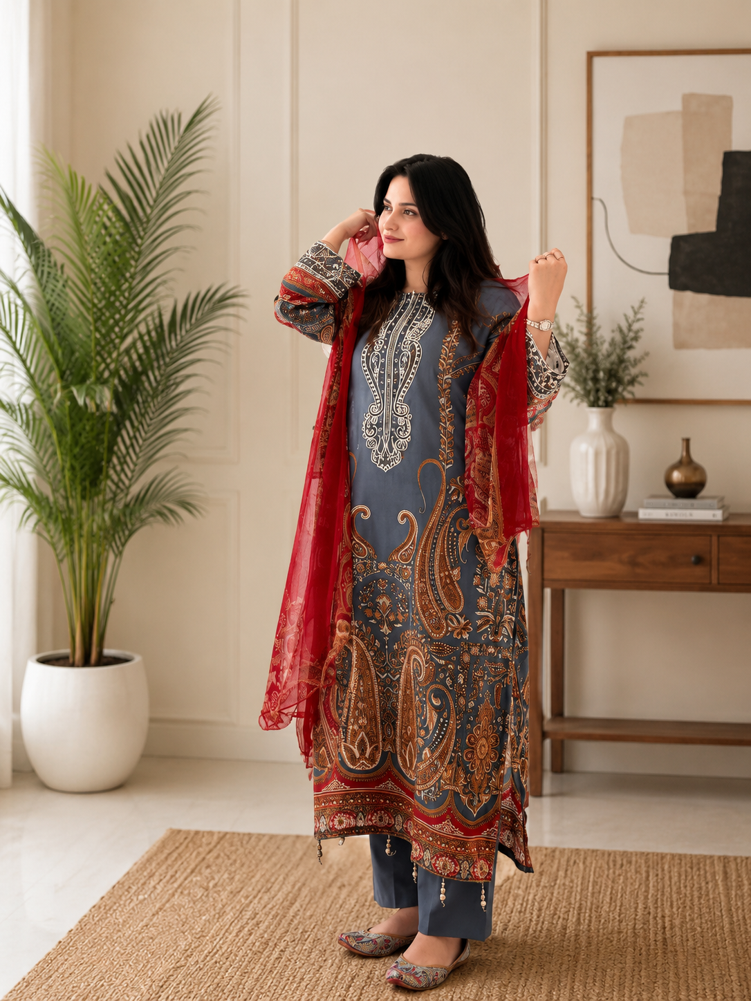 Elegant Blue Printed Chinon Anarkali Suit Set With Diamond Work