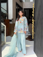 Elegant Modern Ice Blue Embroidered Crape Silk Suit Set with Organza Dupatta