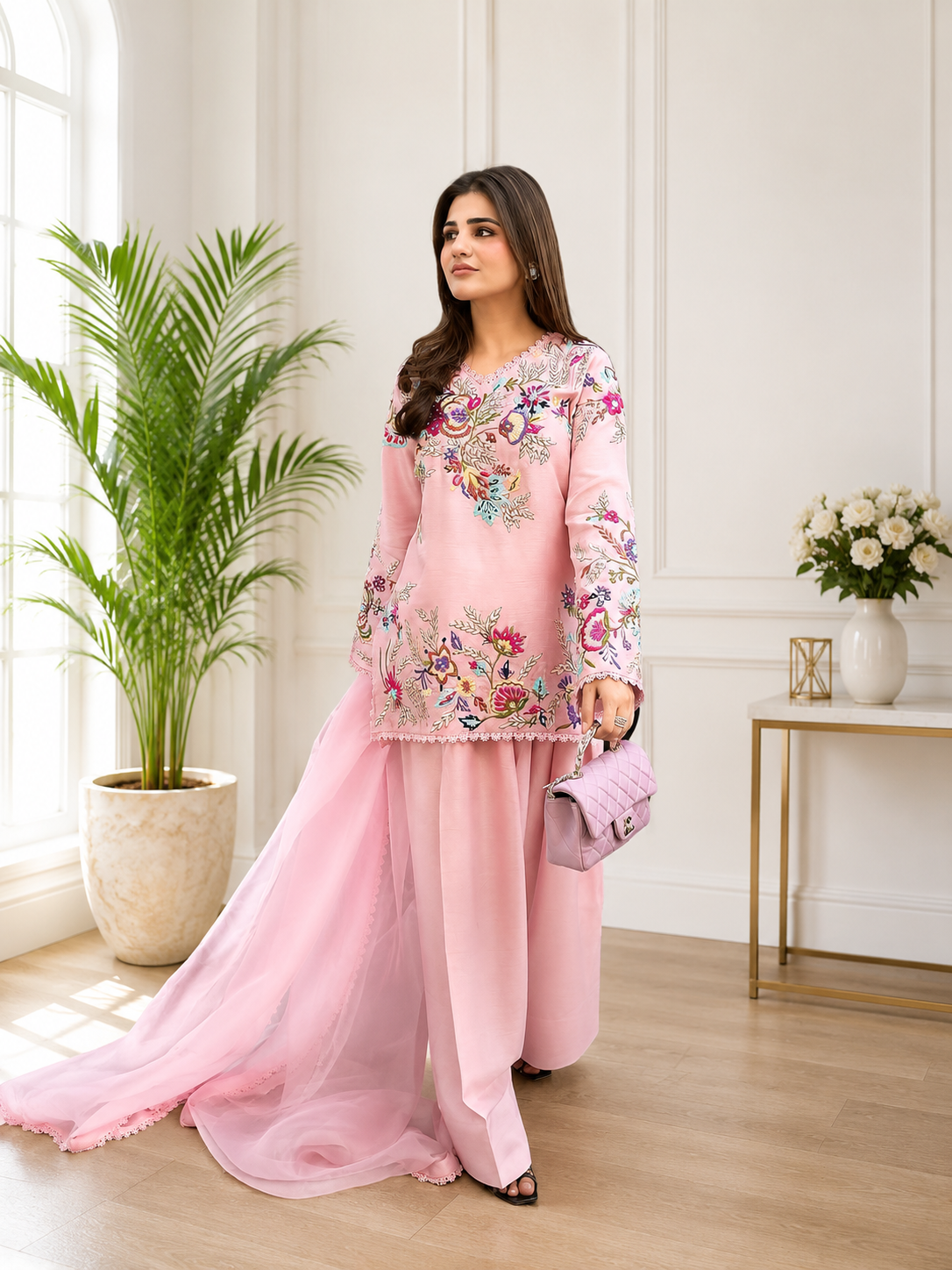 Beautiful Modern Pink Embroidered Crape Silk Suit Set with Organza Dupatta