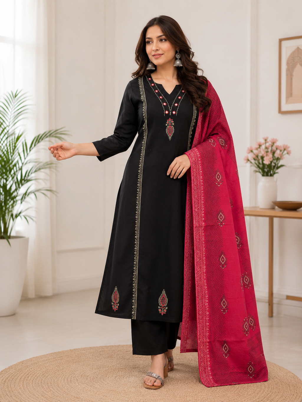 Classic Black Cotton Ethnic Suit Set With Block Print With Real Mirror Hand Work