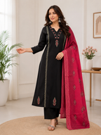 Classic Black Cotton Ethnic Suit Set With Block Print With Real Mirror Hand Work