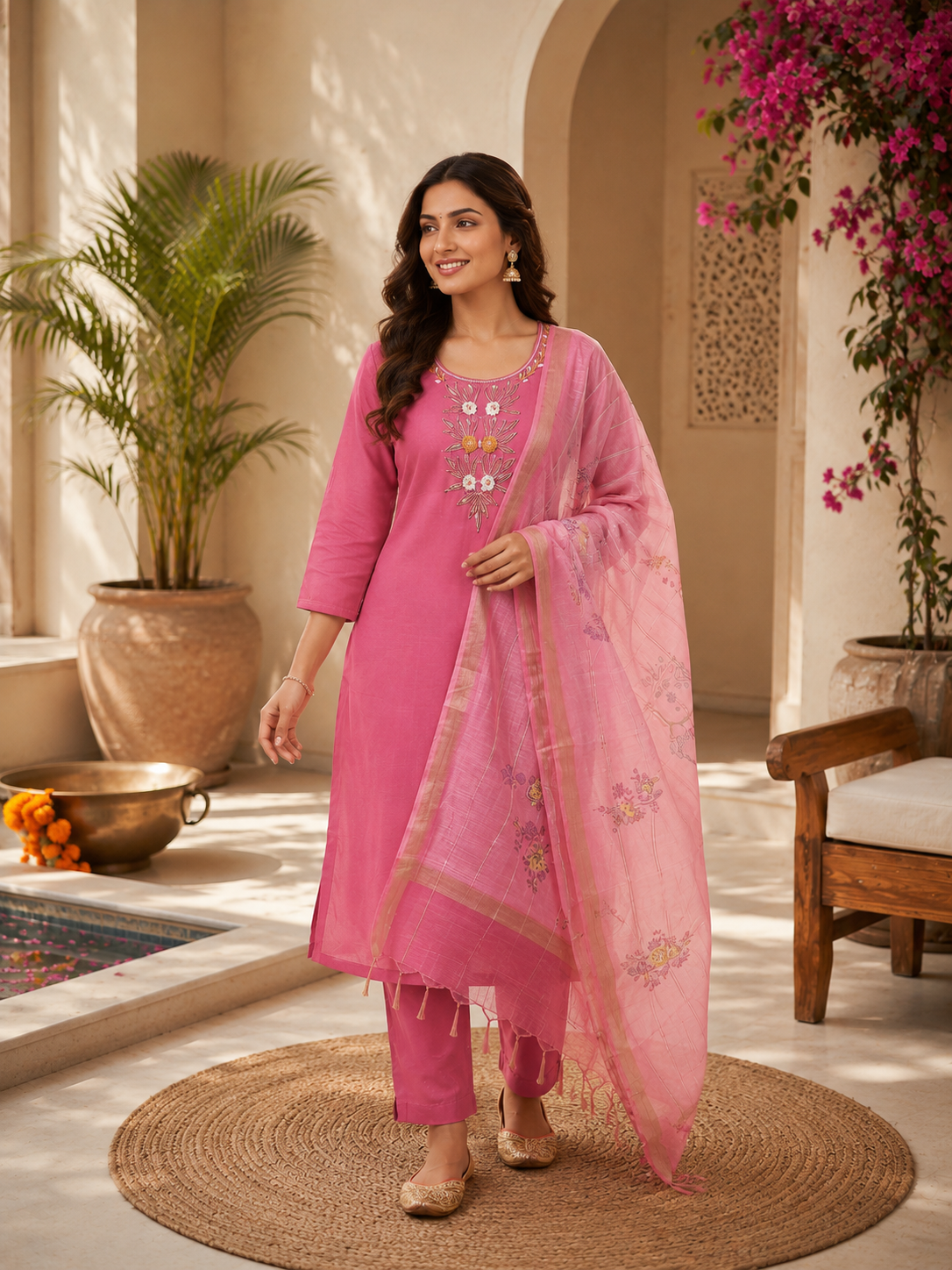 New Designer Light Pink Mul Chanderi Suit Set with Beautiful Hand Work