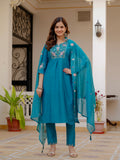 Very Attractive Firozi  Pure Viscose Mango Silk Embroidered Kurta Set with Dupatta