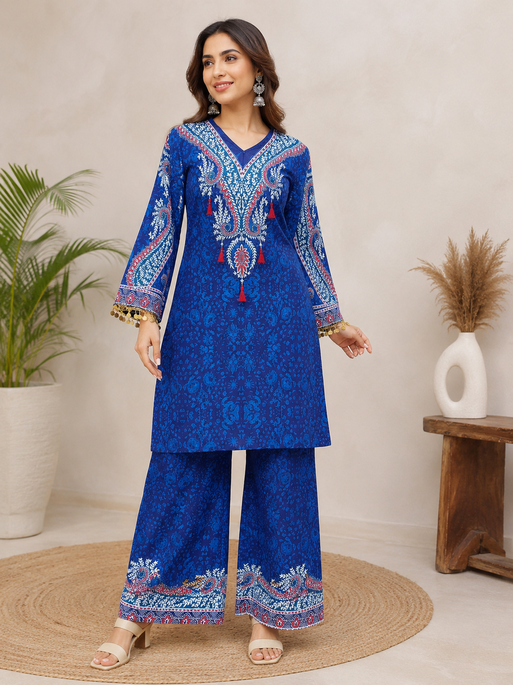 Designer Royal Blue Printed Crepe Silk Co-ord Set With Yoke Tassels