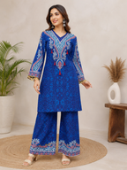 Designer Royal Blue Printed Crepe Silk Co-ord Set With Yoke Tassels