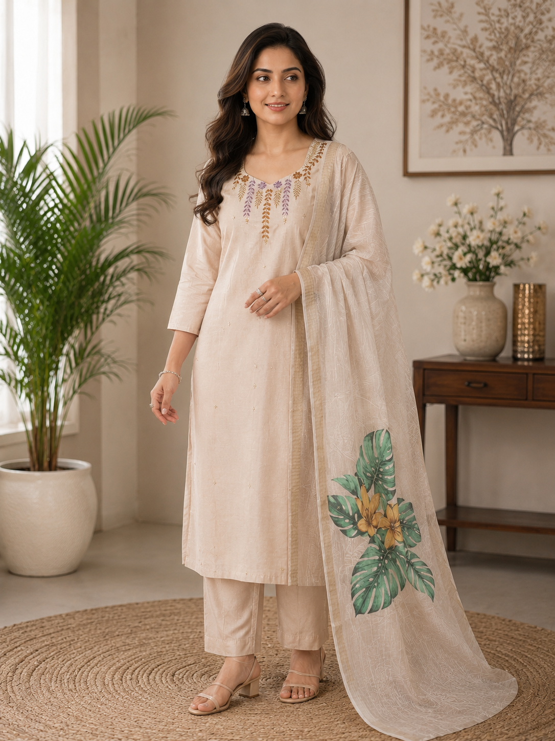 Elegant Beige Hand Work Premium Mul Chanderi Suit Set With Floral Dupatta