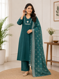 Emerald Teal Cotton Ethnic Suit Set With Real Mirror Hand Work