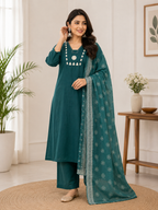 Emerald Teal Cotton Ethnic Suit Set With Real Mirror Hand Work