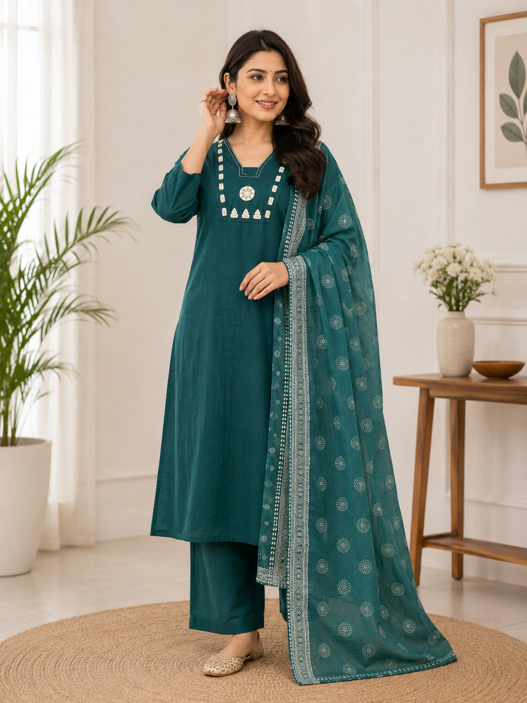 Emerald Teal Cotton Ethnic Suit Set With Real Mirror Hand Work