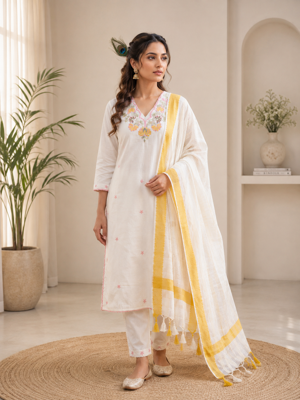 Pure Khadi Cotton Multi-Thread Embroidered Kurta Pant Set with Dupatta