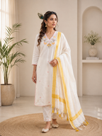Pure Khadi Cotton Multi-Thread Embroidered Kurta Pant Set with Dupatta
