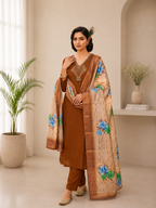 Very Attractive Brown Hand Embroidered Mul Chanderi Ethnic Suit Set