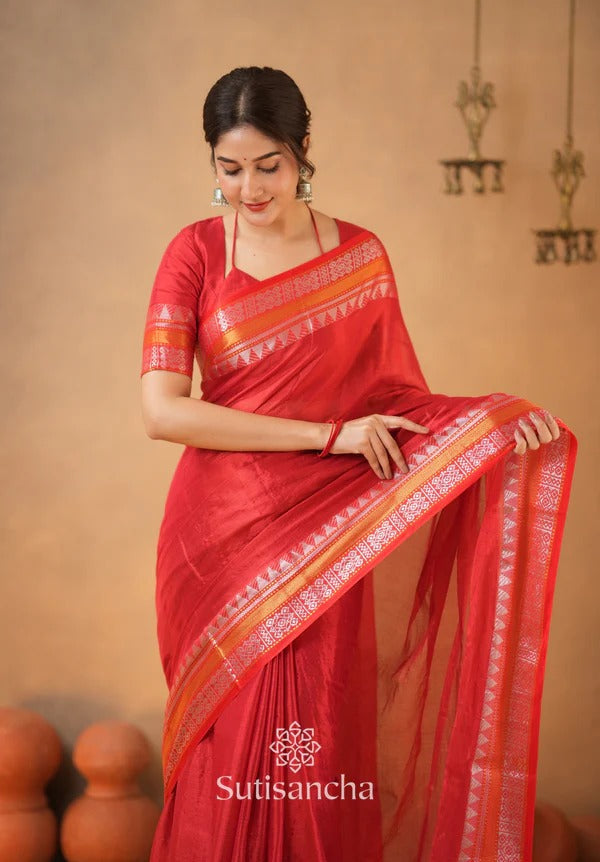 TRENDY - RED TEMPLE DESIGNE HANDLOOM TISSUE COTTON SAREE