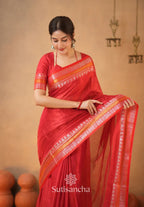 TRENDY - RED TEMPLE DESIGNE HANDLOOM TISSUE COTTON SAREE