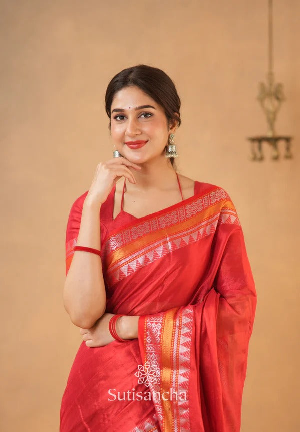 TRENDY - RED TEMPLE DESIGNE HANDLOOM TISSUE COTTON SAREE