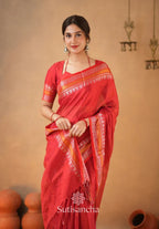 TRENDY - RED TEMPLE DESIGNE HANDLOOM TISSUE COTTON SAREE