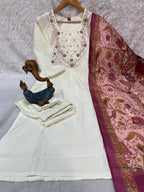 Elegant Off-White Premium Marina Silk Embroidered Kurti Pant Dupatta Set