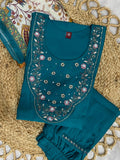 Elegant Rama Premium Marina Silk Embroidered Kurti Pant Dupatta Set