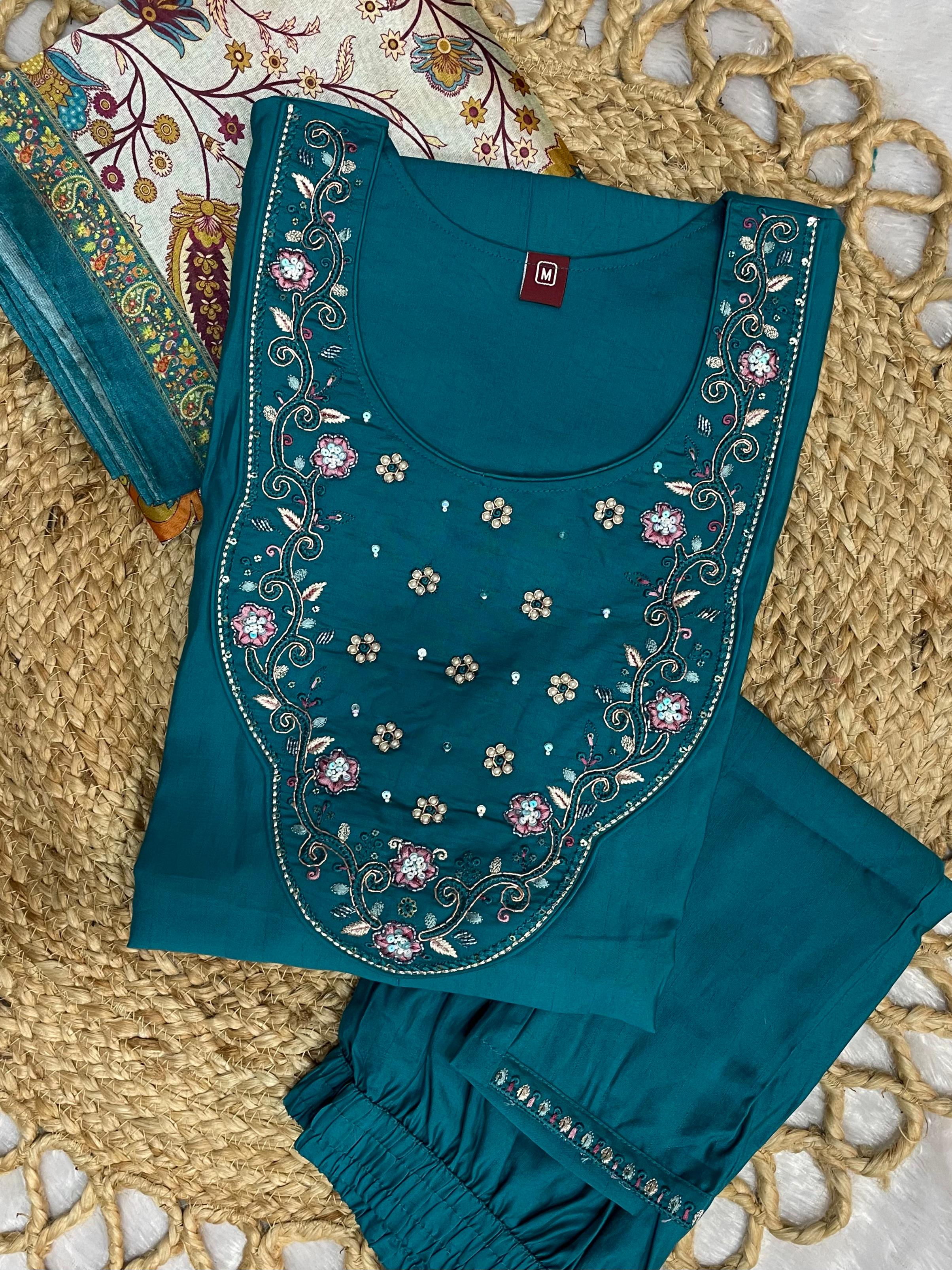 Elegant Rama Premium Marina Silk Embroidered Kurti Pant Dupatta Set