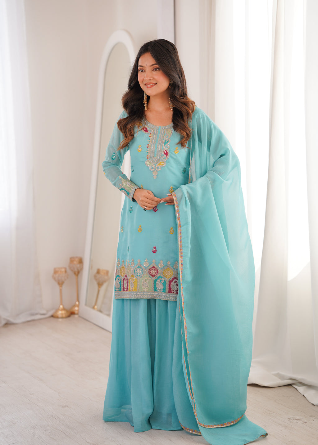 Very Attractive Crunchy Silk Straight Kurta Palazzo Set with Dupatta