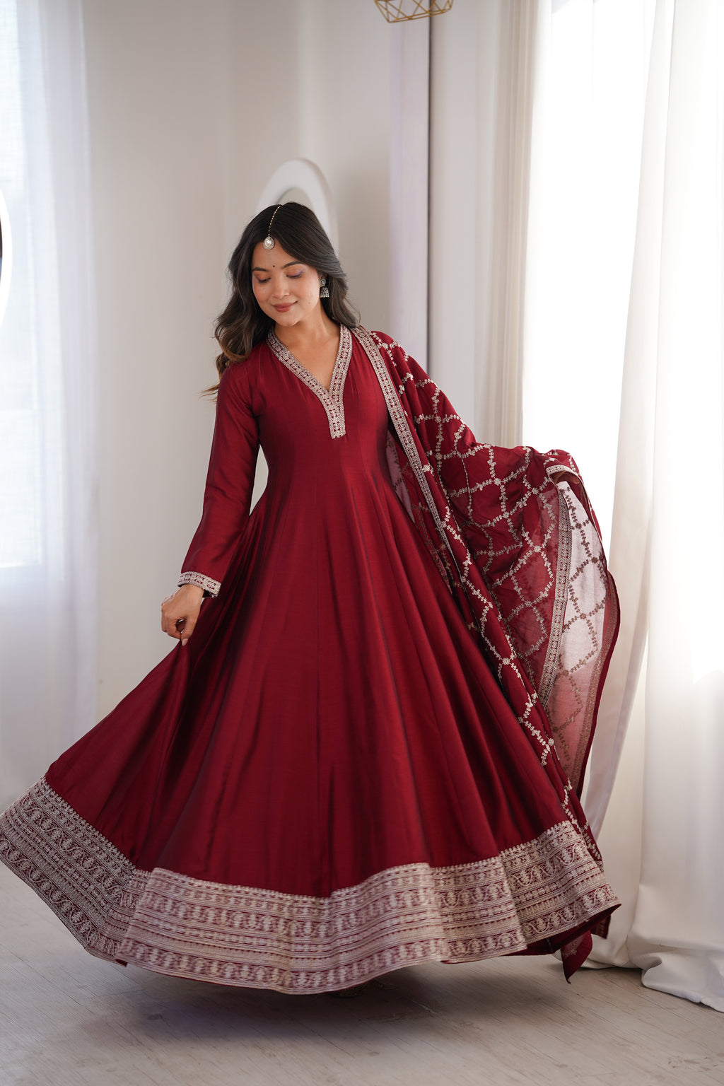 Women's Deep Maroon Flared Anarkali Kurta with Zari Lattice Dupatta Set