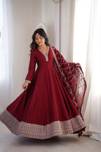 Women's Deep Maroon Flared Anarkali Kurta with Zari Lattice Dupatta Set
