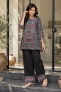 Woman's Ethnic Black Printed Natural Crepe Co-Ord Set