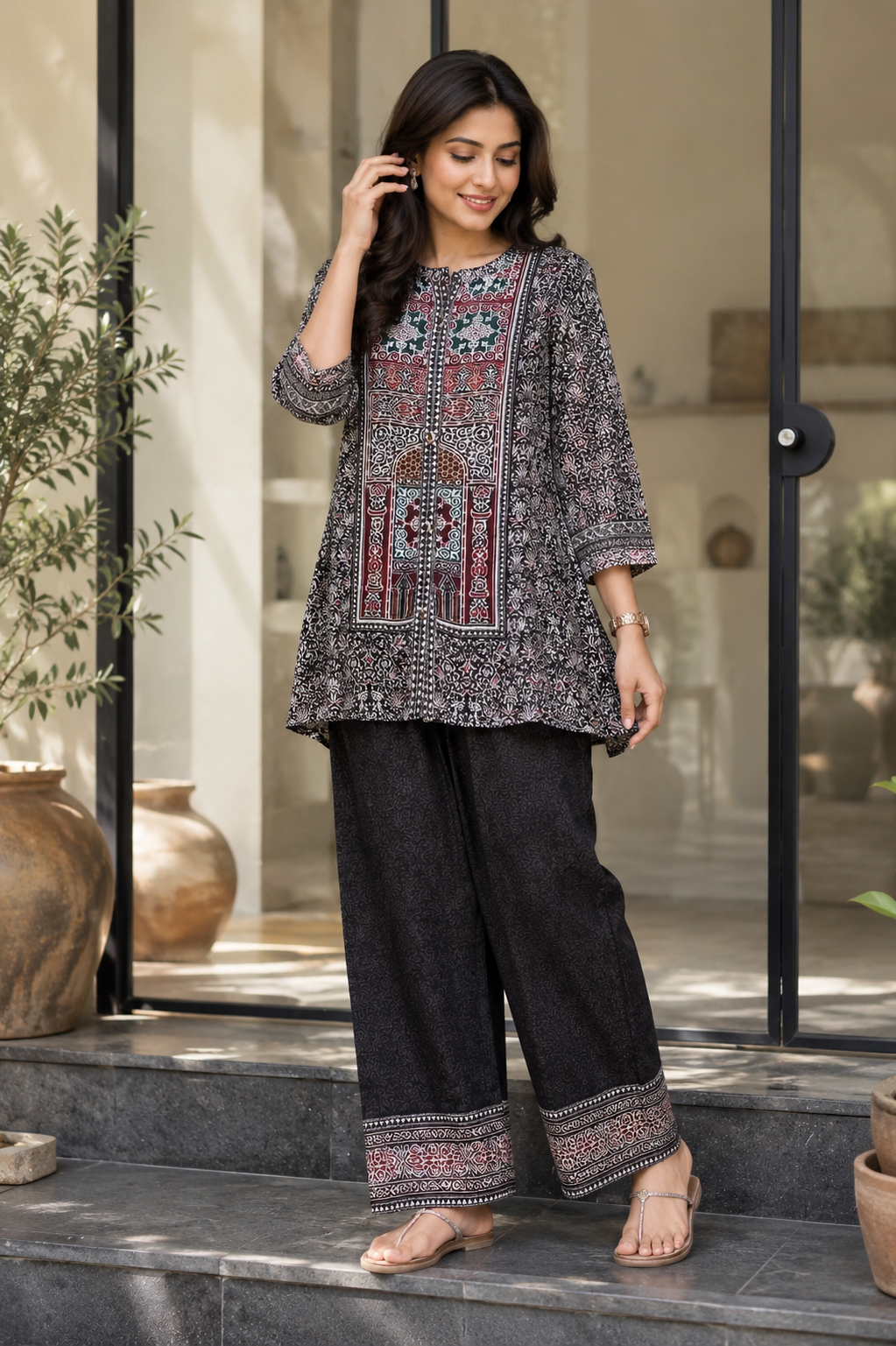 Woman's Ethnic Black Printed Natural Crepe Co-Ord Set