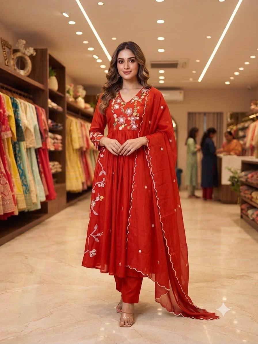 Trendy Festive Embroidery Mul Chanderi Anarkali Suit Set