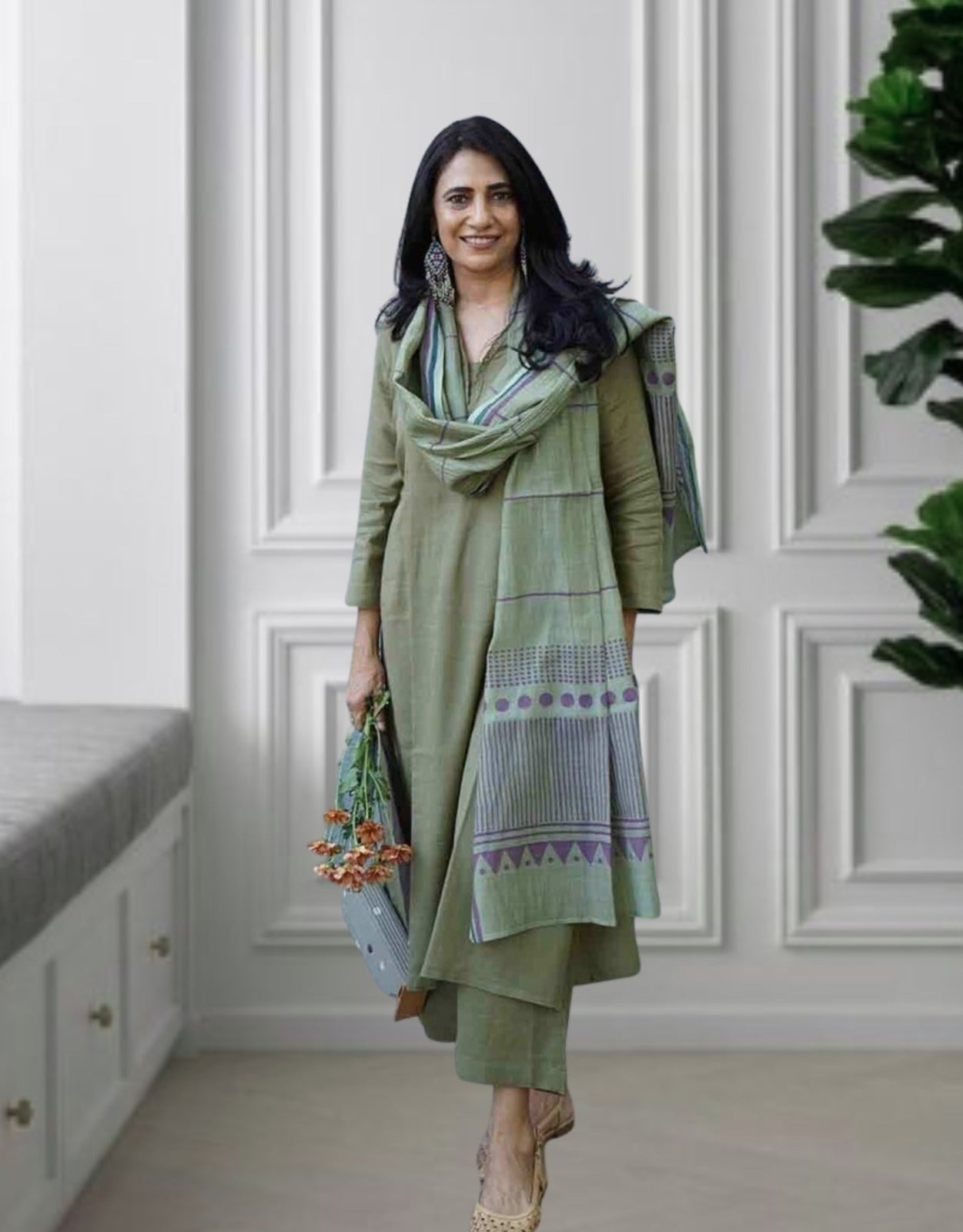 Elegant Sage Green Viscose Rayon Straight Kurta Pant Set with Printed Dupatta