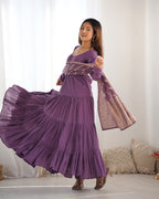 Designer Roman Silk Flared Suit Set with Traditional Jacquard Dupatta