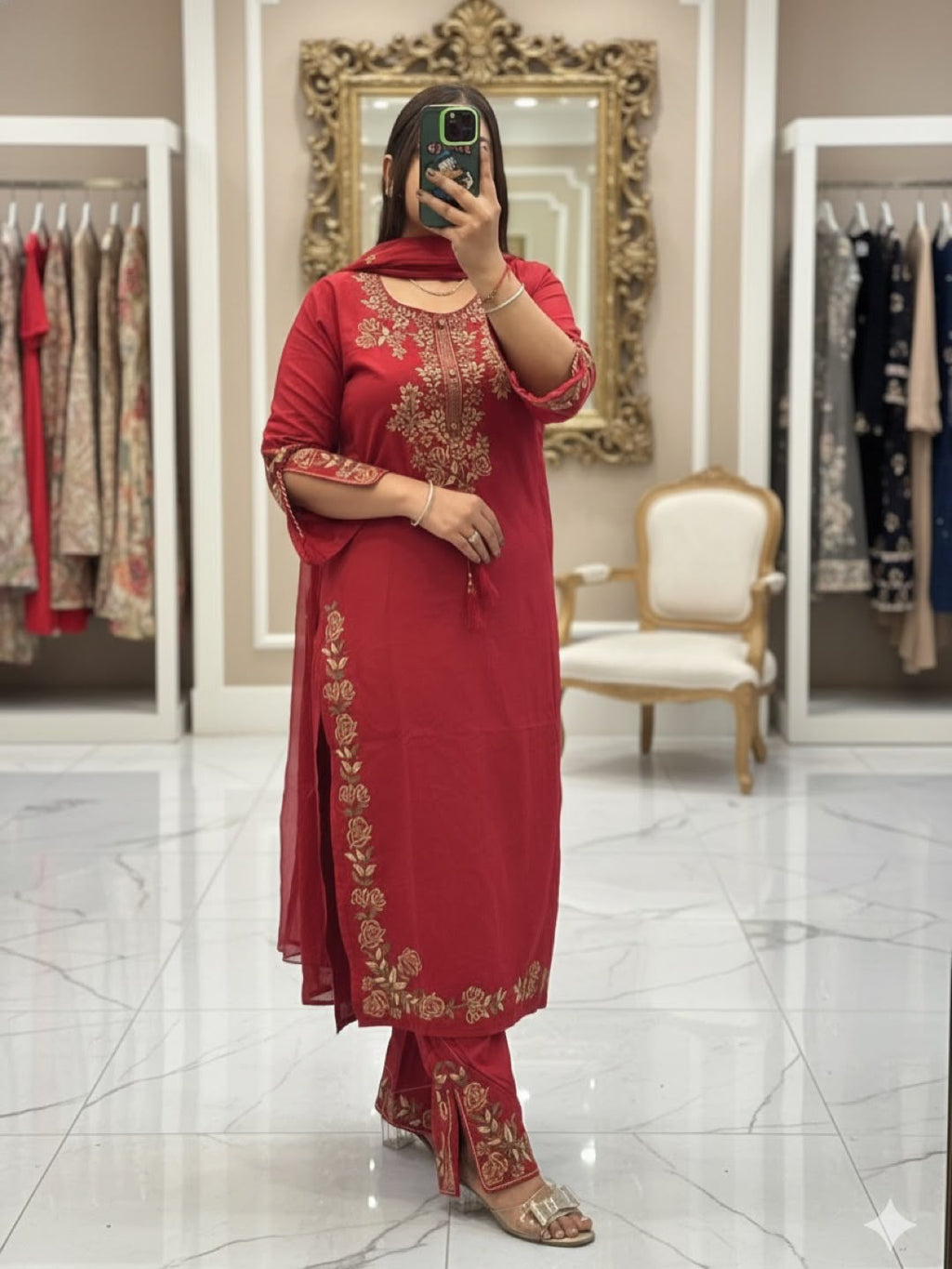 Elegant Red Embroidered Roman Silk Suit Set with Dupatta