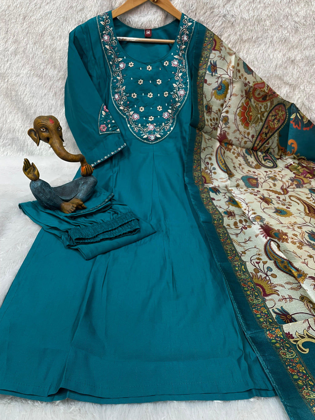 Elegant Rama Premium Marina Silk Embroidered Kurti Pant Dupatta Set