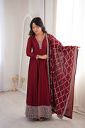 Women's Deep Maroon Flared Anarkali Kurta with Zari Lattice Dupatta Set