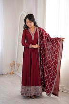 Women's Deep Maroon Flared Anarkali Kurta with Zari Lattice Dupatta Set