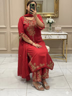 Elegant Red Embroidered Roman Silk Suit Set with Dupatta
