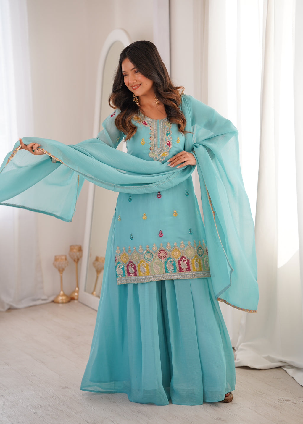 Very Attractive Crunchy Silk Straight Kurta Palazzo Set with Dupatta