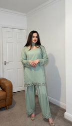 Attractive Mint Green Faux Georgette Embroidered Suit Set with Dupatta