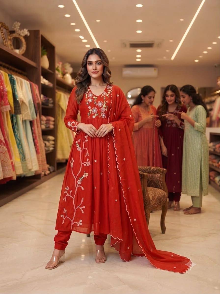 Trendy Festive Embroidery Mul Chanderi Anarkali Suit Set