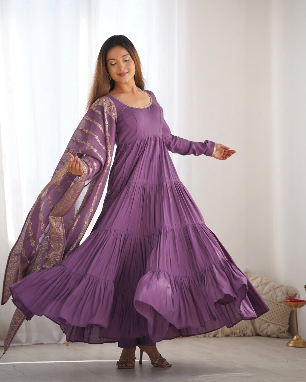 Designer Roman Silk Flared Suit Set with Traditional Jacquard Dupatta