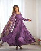 Designer Roman Silk Flared Suit Set with Traditional Jacquard Dupatta