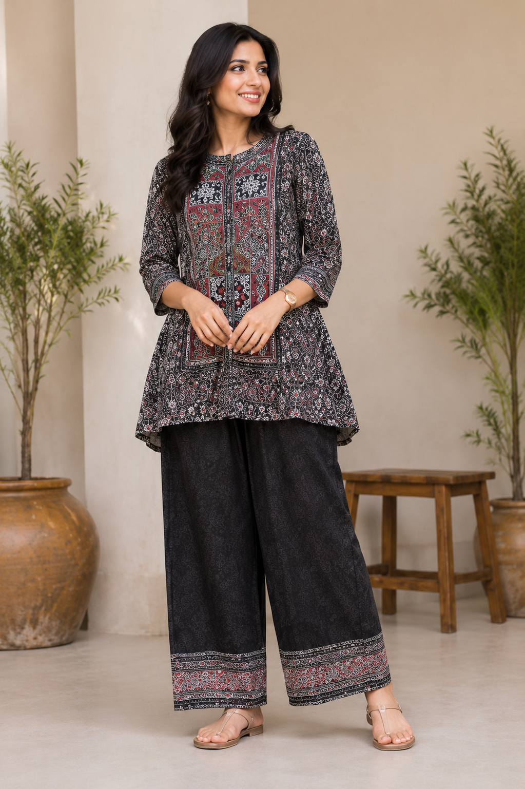 Woman's Ethnic Black Printed Natural Crepe Co-Ord Set