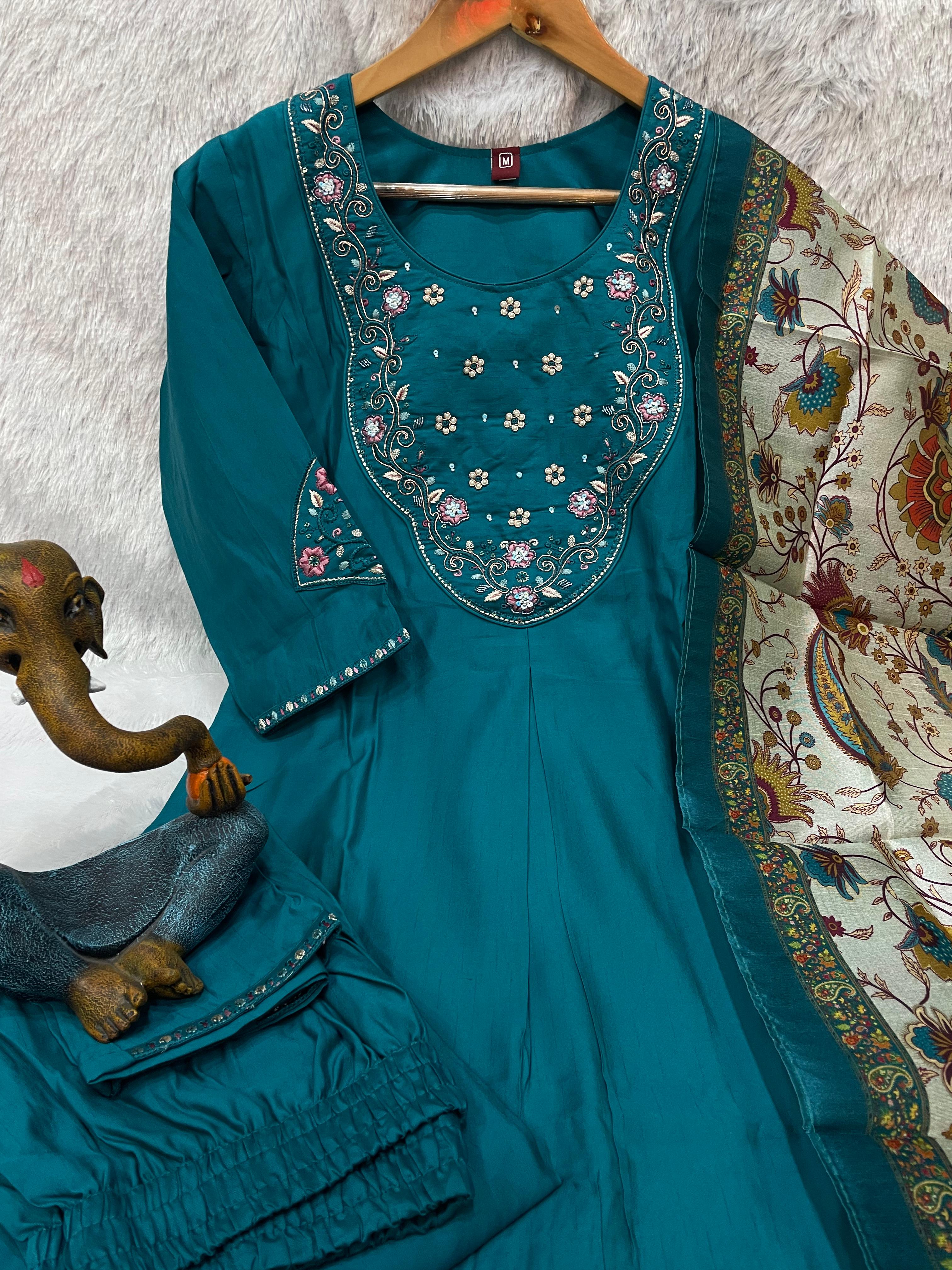 Elegant Rama Premium Marina Silk Embroidered Kurti Pant Dupatta Set