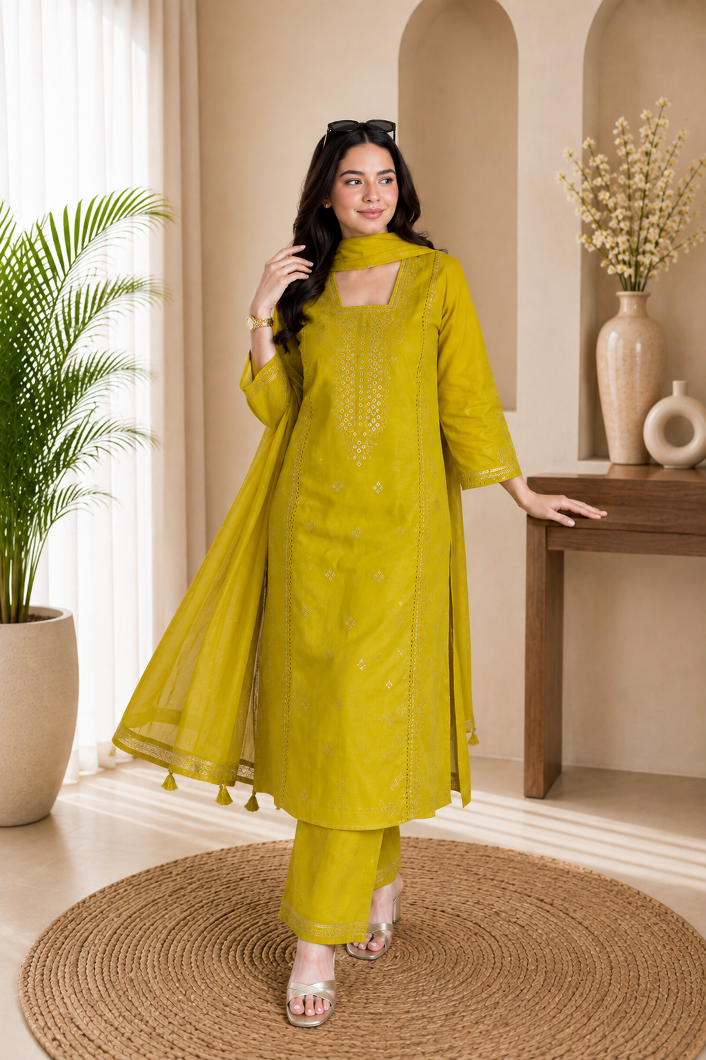 Festive Trendy Yallow Roman Silk Embroidered Suit Set