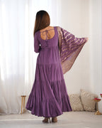 Designer Roman Silk Flared Suit Set with Traditional Jacquard Dupatta