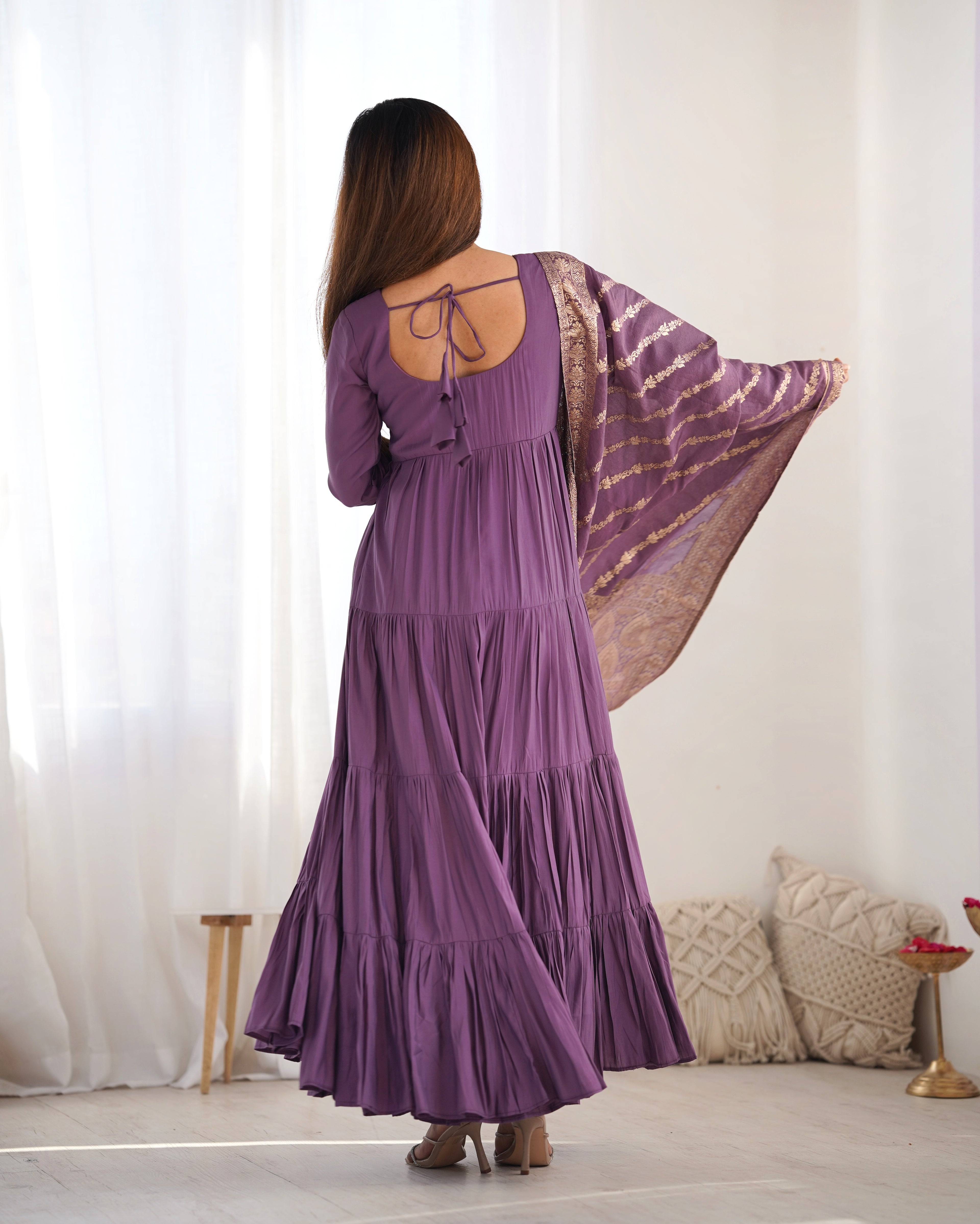 Designer Roman Silk Flared Suit Set with Traditional Jacquard Dupatta
