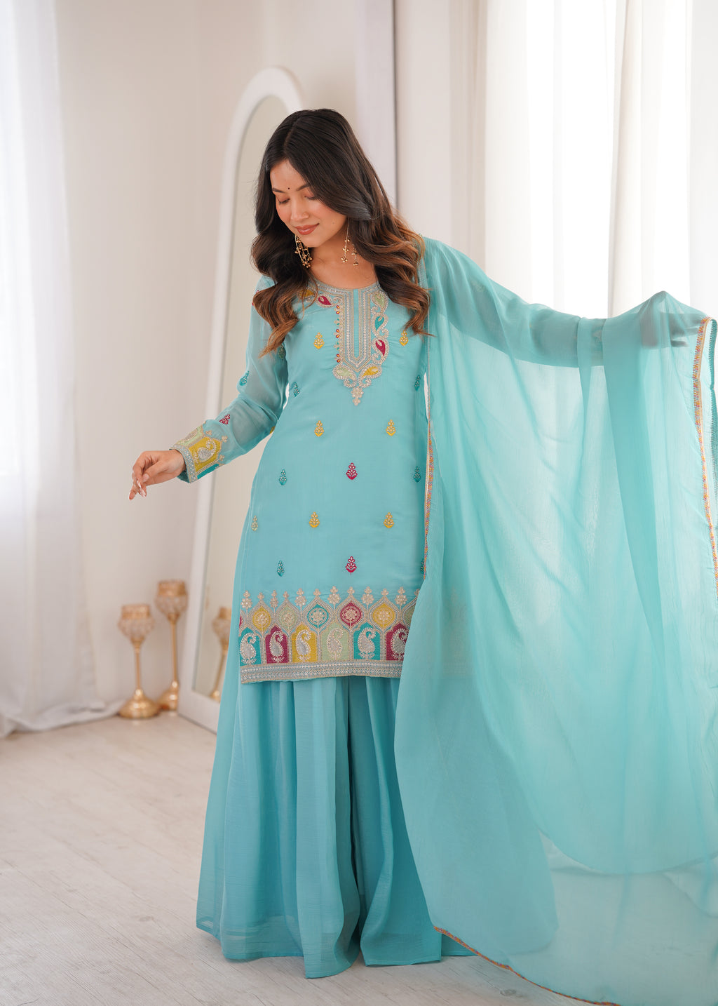 Very Attractive Crunchy Silk Straight Kurta Palazzo Set with Dupatta