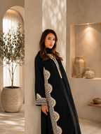 Elegant Midnight Black Biscuit Slub Threadwork Kurta Set With Dupatta