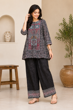 Woman's Ethnic Black Printed Natural Crepe Co-Ord Set