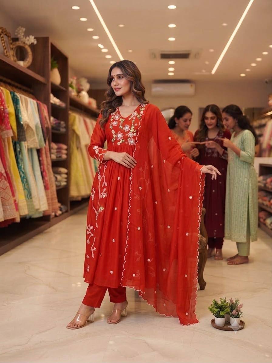 Trendy Festive Embroidery Mul Chanderi Anarkali Suit Set